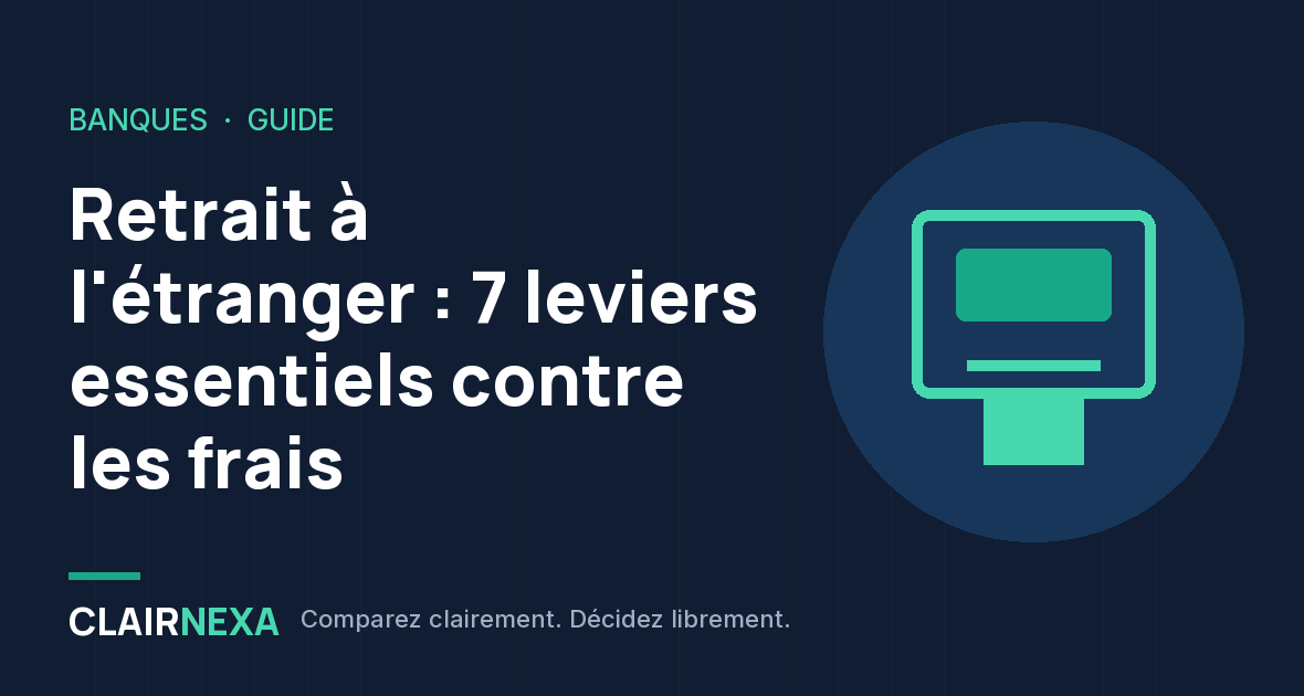 Retrait à l'étranger : 7 leviers essentiels contre les frais : visuel du guide Clairnexa avec un distributeur de billets stylisé sur fond bleu nuit